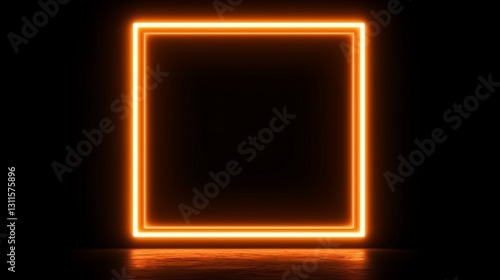 Neon orange square frame glowing brightly on black background. Perfect for tech design. AI generated