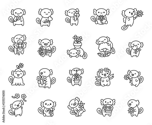 Adorable axolotl and flower set featuring cute characters holding bouquets, pots, magic wand, expressing various emotions in charming and friendly poses for your creative illustrations