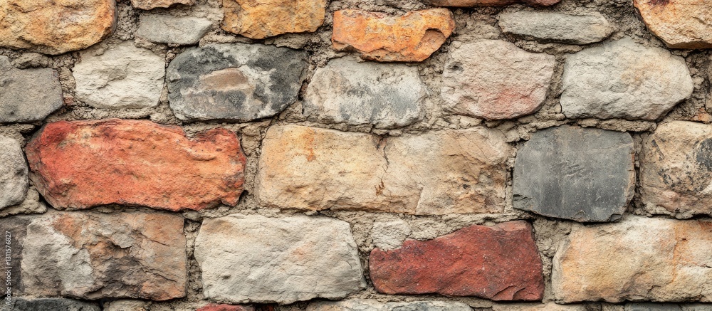 Textured stone and brick wall showcasing irregular shapes in shades of gray, beige, orange, and red with a rustic appearance and natural variation Textured stone and brick wall showcasing irregular shapes in shades of gray, beige, orange, and red with a rustic appearance and natural variation