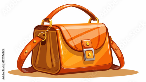 Orange leather handbag purse standing on white background