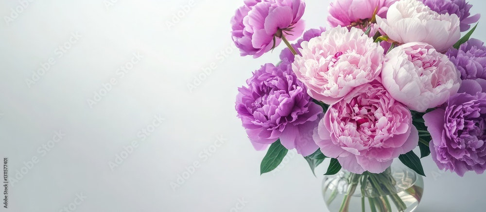 Elegant arrangement of pink and purple peonies in a clear vase on a white table with soft light; space for text on the right side.