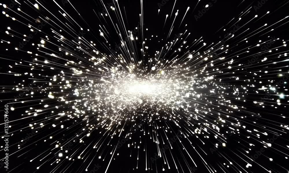 Bright white light burst with sparkling particles on a black background, creating an explosive abstract effect—ideal for space, energy, celebration, or futuristic design themes.
