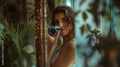 Woman taking a self-portrait in a distressed mirror with a digital camera.