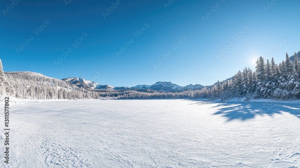 Serene Winter Landscape with Snow-Covered Trees and Clear Blue Sky in a Remote Mountain Area Serene Winter Landscape with Snow-Covered Trees and Clear Blue Sky in a Remote Mountain Area