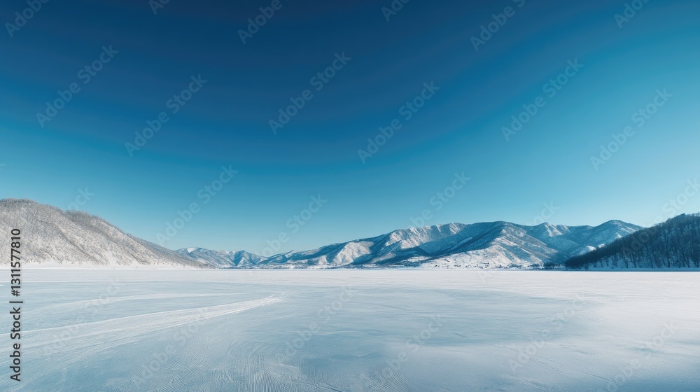 Expansive Winter Landscape with Frozen Lake Surrounded by Snow-Capped Mountains Under Clear Blue Sky Expansive Winter Landscape with Frozen Lake Surrounded by Snow-Capped Mountains Under Clear Blue Sky