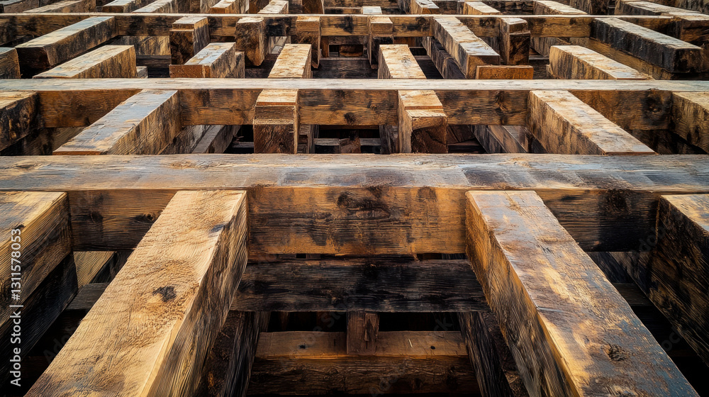 This close-up captures the intricate arrangement of wooden beams and joists in a construction project. The natural textures and patterns highlight skilled craftsmanship and robust materials This close-up captures the intricate arrangement of wooden beams and joists in a construction project. The natural textures and patterns highlight skilled craftsmanship and robust materials