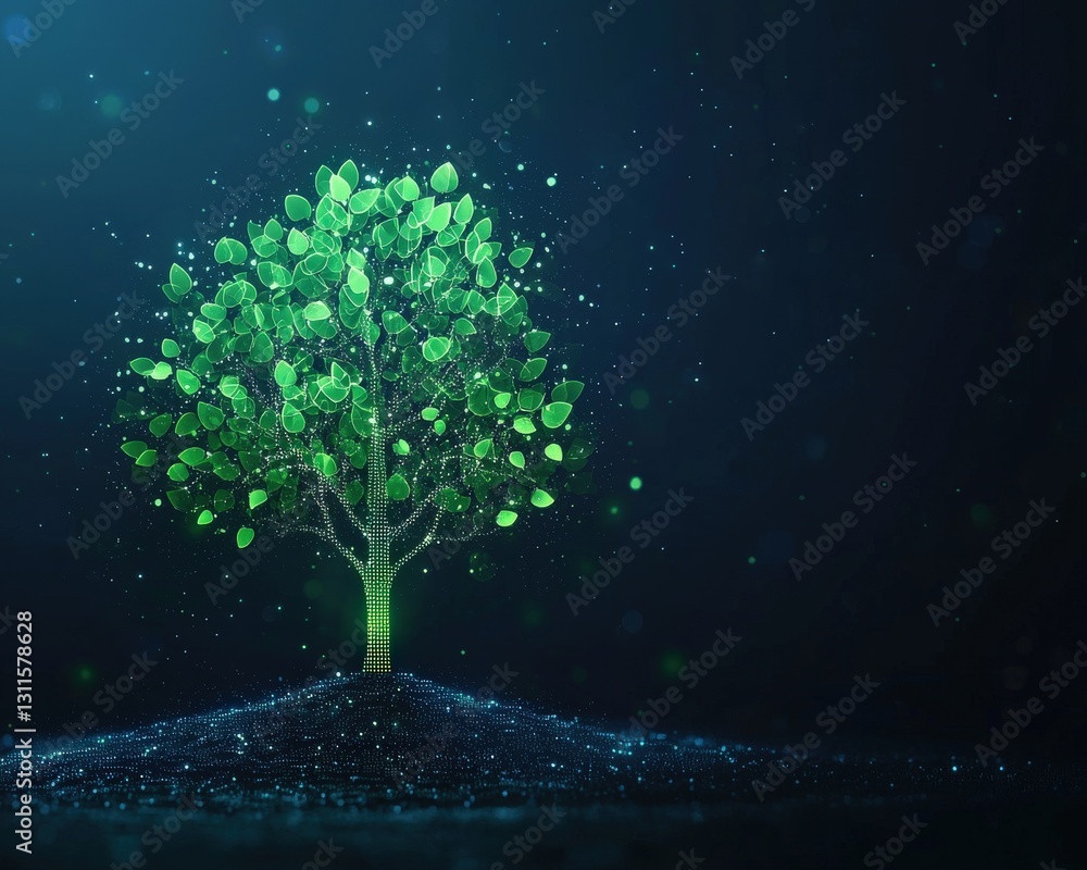 A glowing tree with digital leaves symbolizing environmental sustainability. A glowing tree with digital leaves symbolizing environmental sustainability.