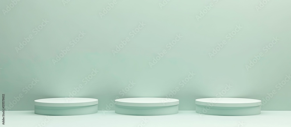 Minimalist product display podiums in light green background, three circular platforms aligned horizontally, soft lighting enhances depth and space.