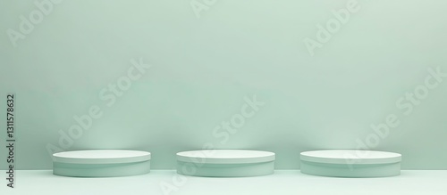 Obraz na płótnie Minimalist product display podiums in light green background, three circular platforms aligned horizontally, soft lighting enhances depth and space. w salonie