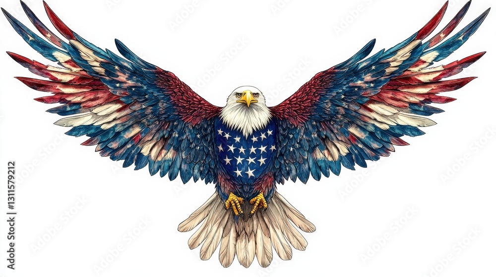 Obraz premium Majestic bald eagle in flight, wings unfurled—a stunning display of red, white, and blue plumage against a crisp white backdrop, showcasing intricate feather detail
