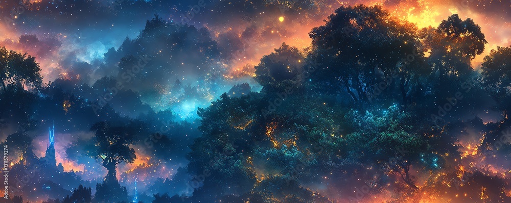 Enchanted forest at night. Magical landscape with glowing trees, starry sky, and mysterious mountains. Fantasy art, perfect for game design or book cover. Enchanted forest at night. Magical landscape with glowing trees, starry sky, and mysterious mountains. Fantasy art, perfect for game design or book cover.