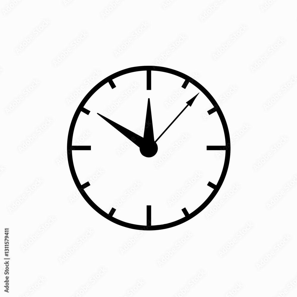Minimalist wall clock design showing time with black hands on white background Minimalist wall clock design showing time with black hands on white background