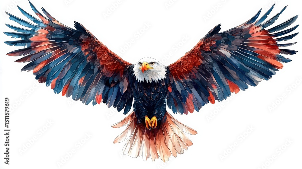 Obraz premium A majestic bald eagle spreads its vividly colored wings—red, blue, and black feathers shimmer against a stark white backdrop, showcasing intricate detail in every feather