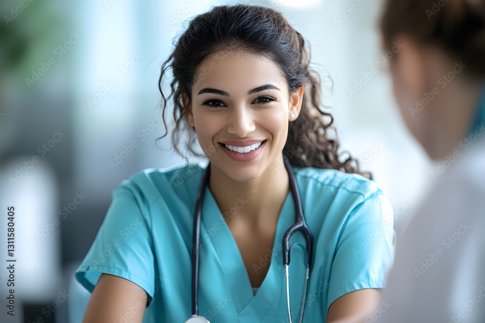 Friendly healthcare worker shares a smile while discussing care options with a patient in the clinic Friendly healthcare worker shares a smile while discussing care options with a patient in the clinic