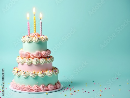 Soft-toned birthday cake in closeup with swirling pink and blue layers, topped by bright candles. Soft-toned icing exudes playful retro charm, ensuring a fun celebration for everyone