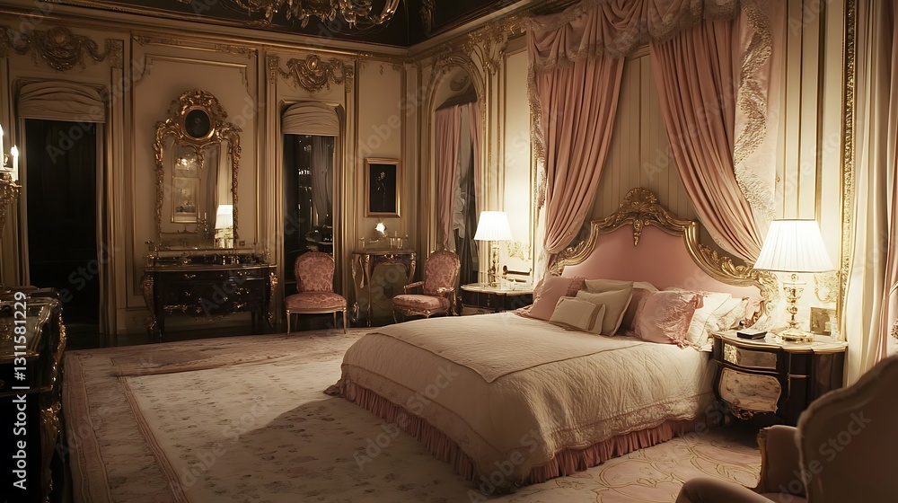Sumptuous bedroom with velvet drapes and crystal light fixture Sumptuous bedroom with velvet drapes and crystal light fixture