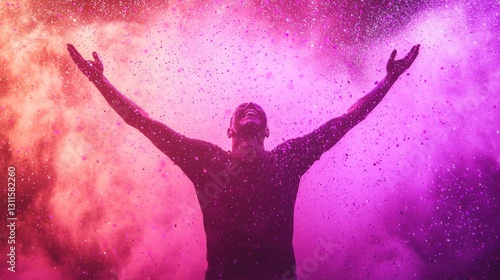 Wallpaper Mural Individual Celebrating Joyfully Under Colorful Rainfall of Dust Torontodigital.ca