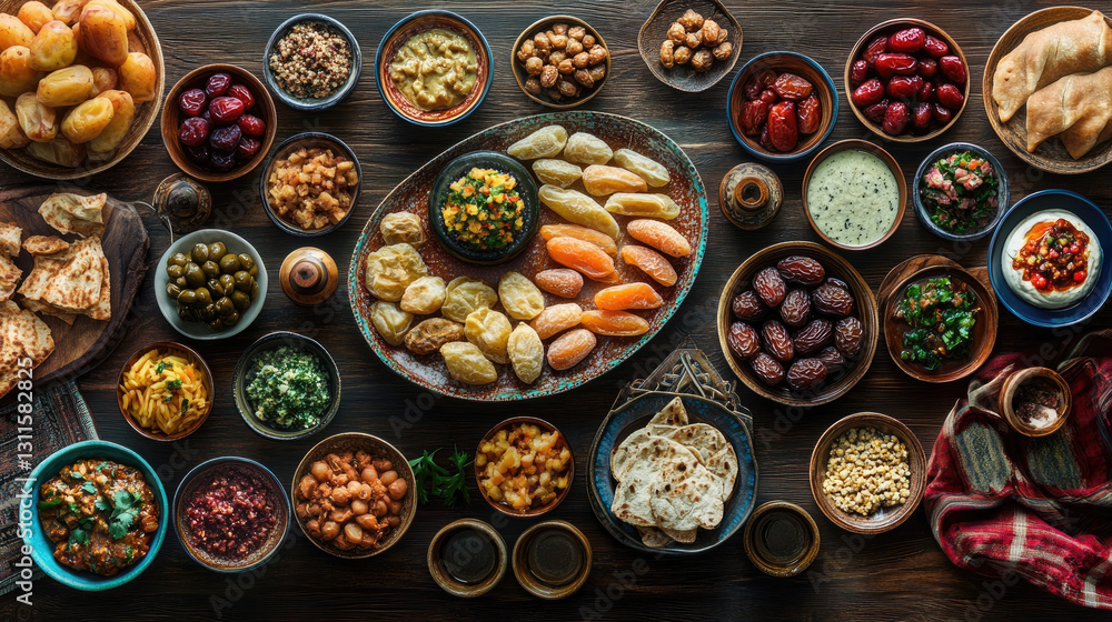 A vibrant spread of assorted Middle Eastern dishes and appetizers on a wooden table, showcasing a feast A vibrant spread of assorted Middle Eastern dishes and appetizers on a wooden table, showcasing a feast