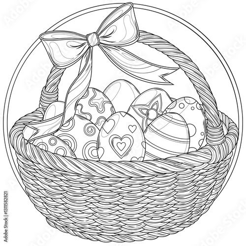 Easter eggs in a basket with a bow.Coloring book antistress for children and adults. 