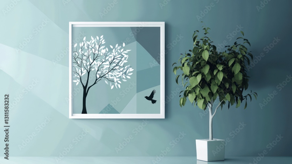 Obraz premium Teal room, framed tree art, potted plant, minimalist decor, home design