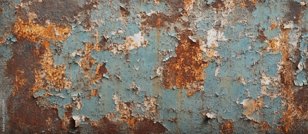 Weathered rusty metal texture with peeling blue and orange paint, showcasing intricate patterns and colors in a horizontal layout. Weathered rusty metal texture with peeling blue and orange paint, showcasing intricate patterns and colors in a horizontal layout.