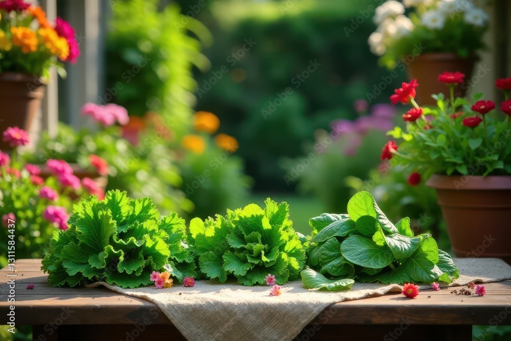 Vibrant Green Leafy Plants Resting on Rustic Table Amongst Blooming Flowers in a Sunny Garden Setting Vibrant Green Leafy Plants Resting on Rustic Table Amongst Blooming Flowers in a Sunny Garden Setting