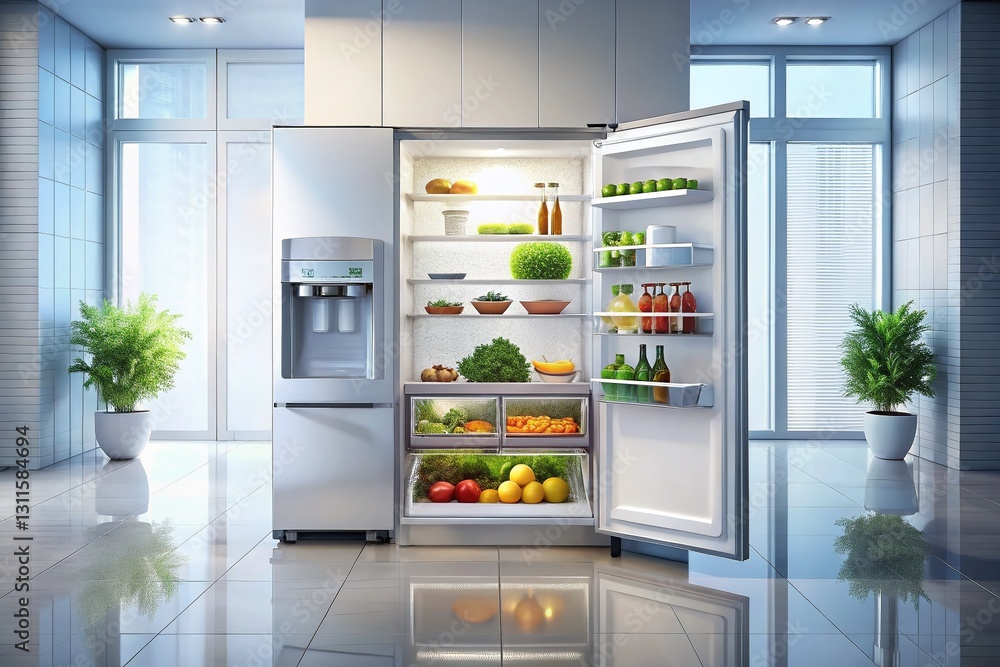 Stylish Modern Kitchen Fridge, Cool Culinary Hub, Stainless Steel Appliance, White Background Stock Photo Stylish Modern Kitchen Fridge, Cool Culinary Hub, Stainless Steel Appliance, White Background Stock Photo