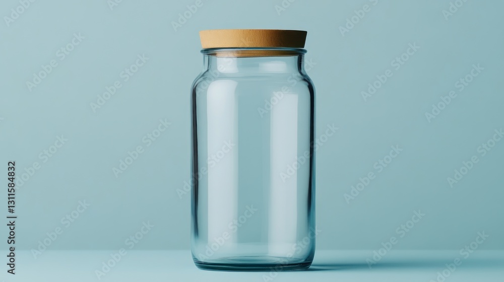 Clear Glass Jar with Wooden Lid Isolated on Light Blue Background for Storage and Organization Clear Glass Jar with Wooden Lid Isolated on Light Blue Background for Storage and Organization