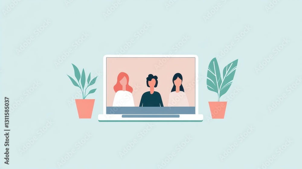 Minimalist Illustration of Teleconference with Three Participants on Laptop Minimalist Illustration of Teleconference with Three Participants on Laptop