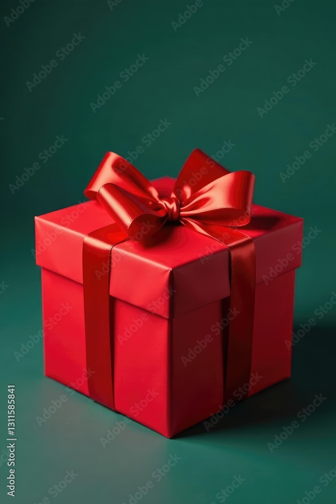 Fototapeta premium Pretty red box with a big red bow tied around it tightly, colorful, present