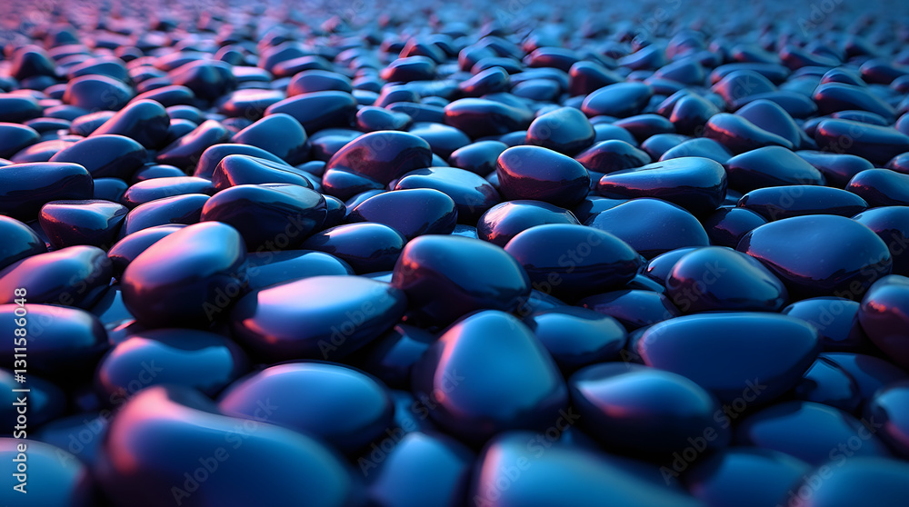 Fototapeta premium Close-up of Smooth Dark Pebbles Texture Blue Red Lighting
