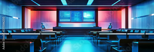 A futuristic courtroom where AI assists in legal decision-making  -