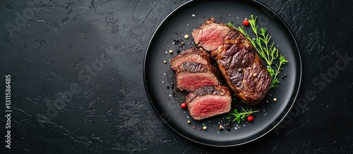 Spiced baked beef slices arranged on a black plate with fresh herbs and colorful peppercorns on a dark textured surface