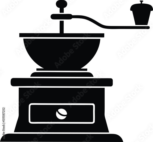 Icon of coffee grinder on a white background. Black silhouette classic coffee grinder manual coffee mill vector illustration isolated on white background.

