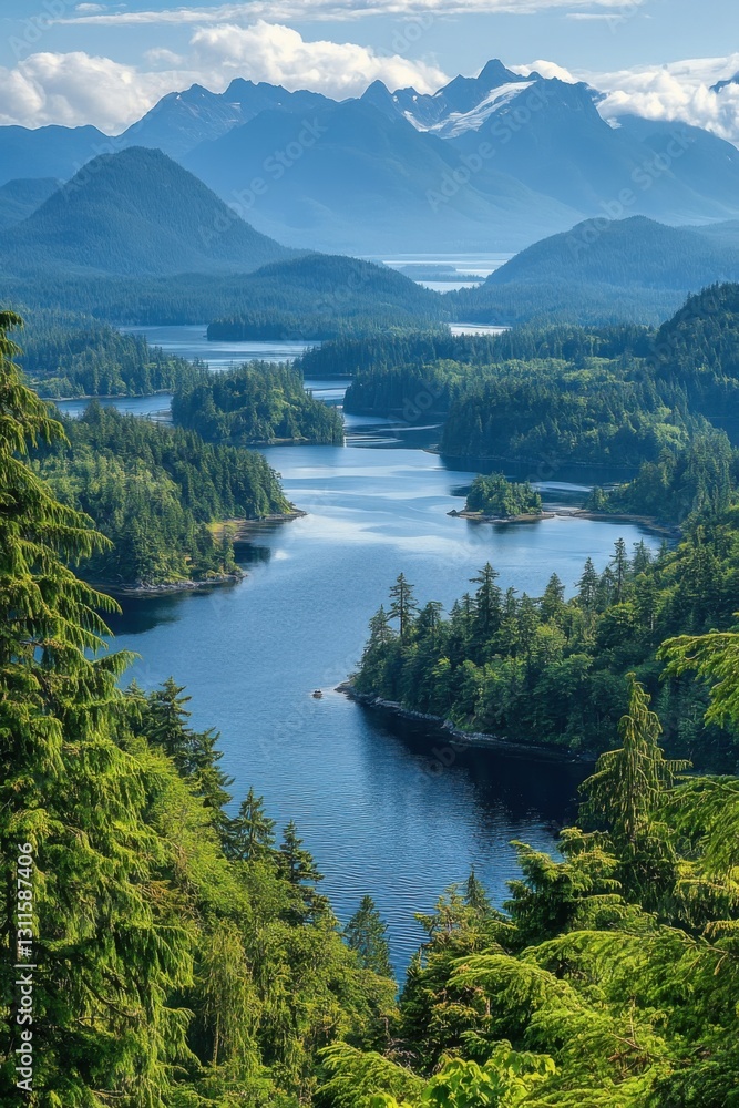 Obraz premium Mountain lake view. Green trees surround blue water. White snowy mountains. Bright sky above. Peaceful landscape scene. Calm river flows. Forest covers islands.