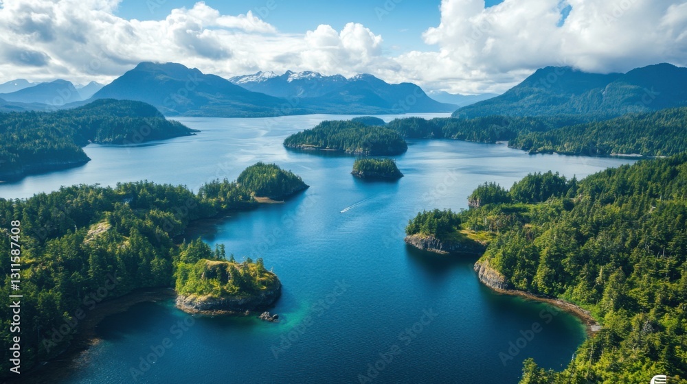 Lake view from above. Green trees cover islands in blue water. Distant mountains and cloudy sky create scenic landscape. Lake view from above. Green trees cover islands in blue water. Distant mountains and cloudy sky create scenic landscape.