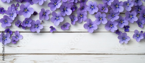 Vibrant violet hepatica flowers scattered across a white wooden background creating a serene spring floral pattern with natural texture and color.