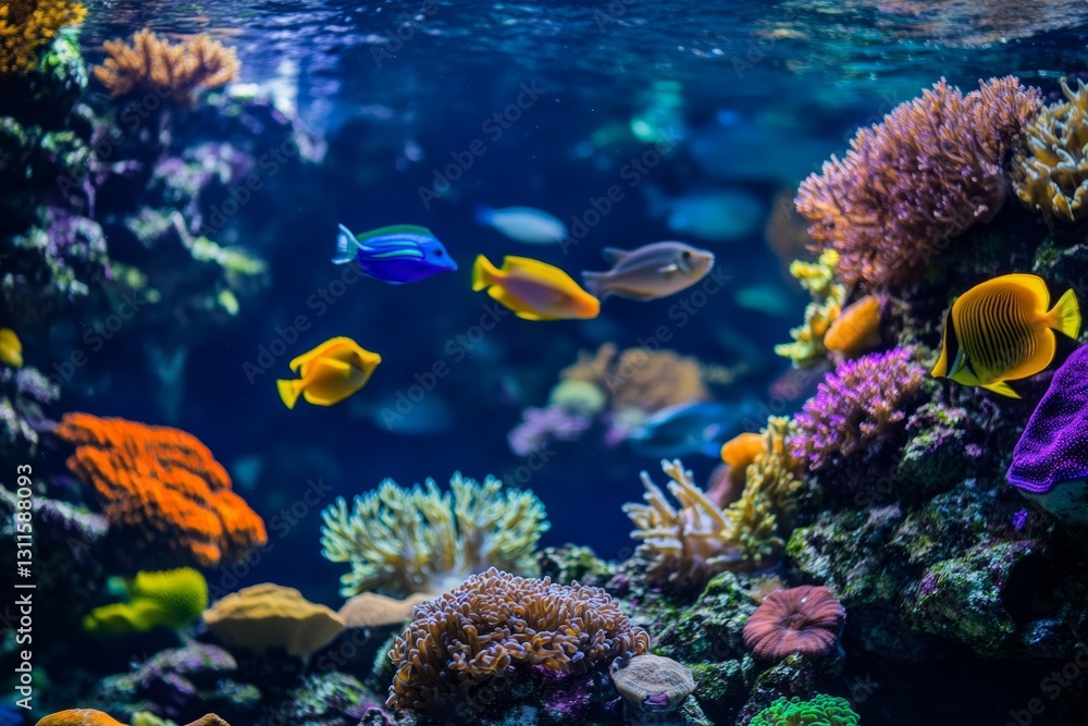 Fototapeta premium In a colorful Marine world, a brilliant and vibrant society of aquatic life co-exists harmoniously in a tapestry of colorful coral reefs