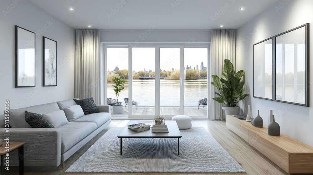 Fototapeta premium Modern living room with lake view; interior design, home decor, relaxation