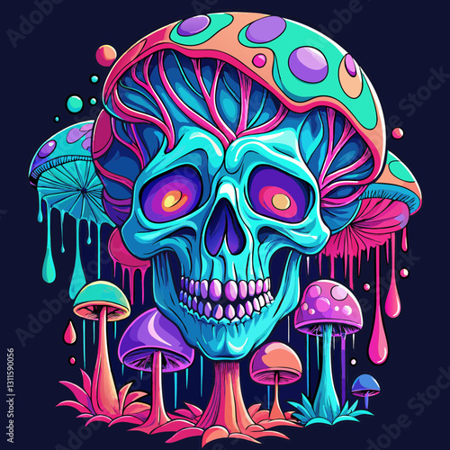 abstract turquoise-blue skull with psychedelic mushrooms