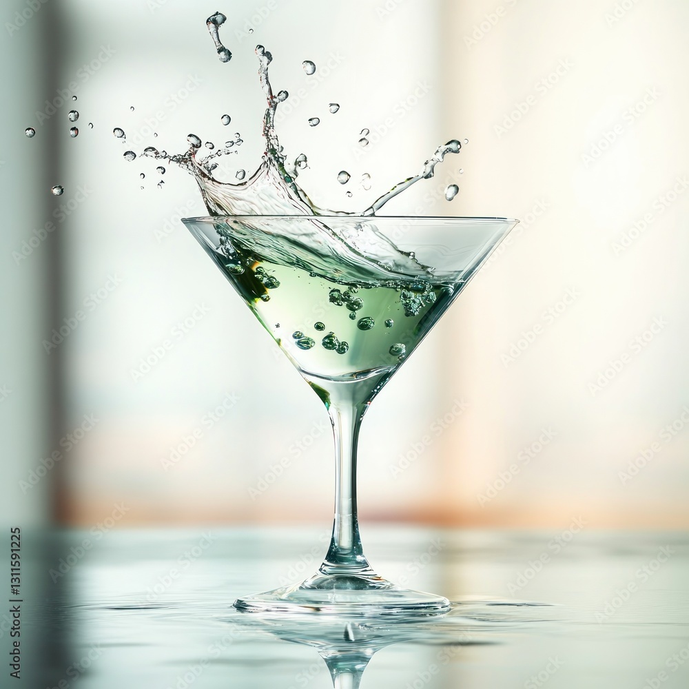 Splash of Refreshing Green Drink in Elegant Glass with Bubbles and Water Droplets Splash of Refreshing Green Drink in Elegant Glass with Bubbles and Water Droplets