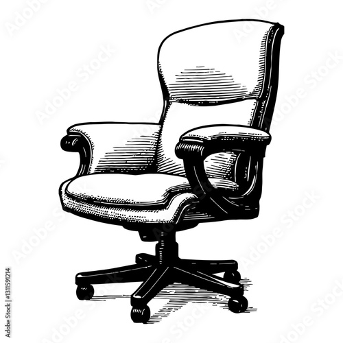 Executive Office Chair Seat in Detailed Antique Sketch Style Black and White Outline Line Art Drawing