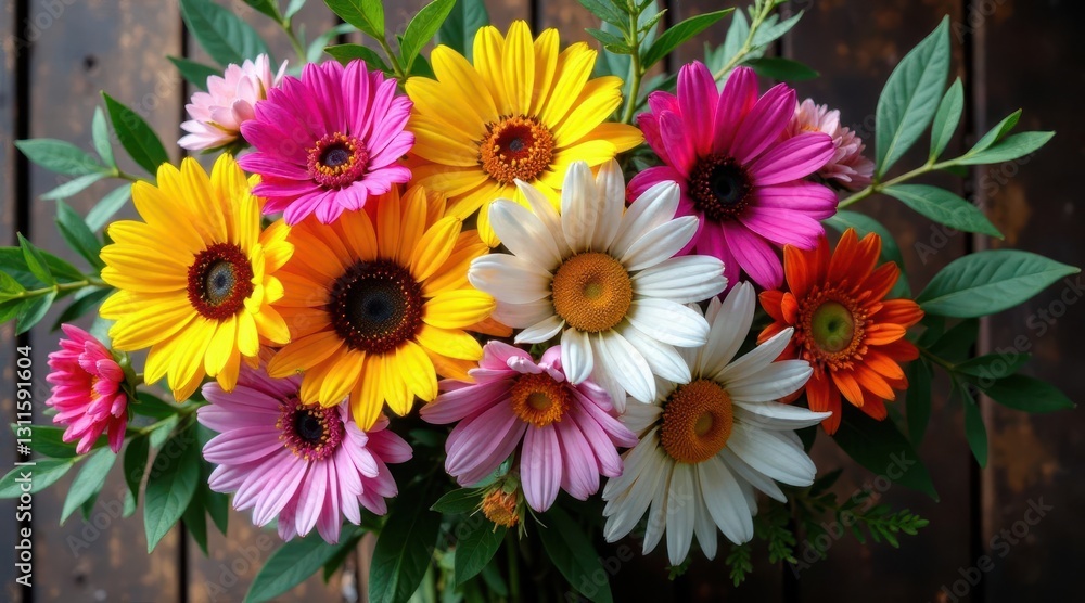 Fototapeta premium Vibrant bouquet of diverse wildflowers arranged in a captivating composition, showcasing a spectrum of colors and textures against a rustic wooden backdrop.