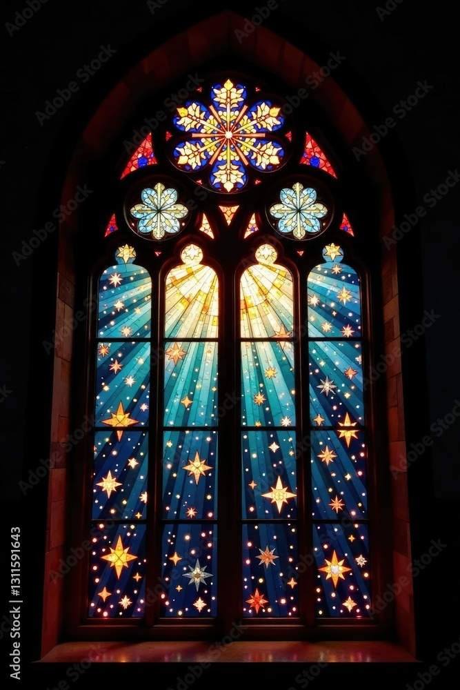 Stained glass window at the top of a church with snowflakes, stars, and warm lighting, glass art, warm Stained glass window at the top of a church with snowflakes, stars, and warm lighting, glass art, warm