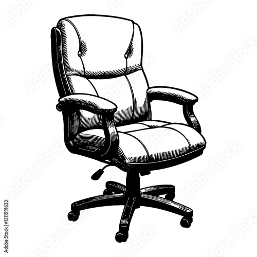 Executive Office Chair with Adjustable Height and Swivel Base Black and White Outline Line Art Drawing