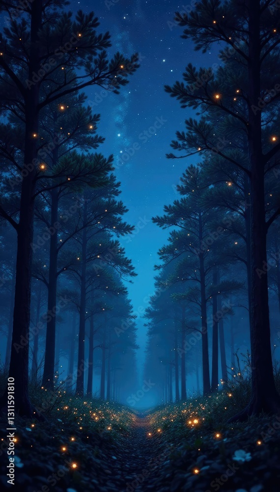 Fototapeta premium Starry night forest scene with twinkling trees, leaves, branches, twinkling lights