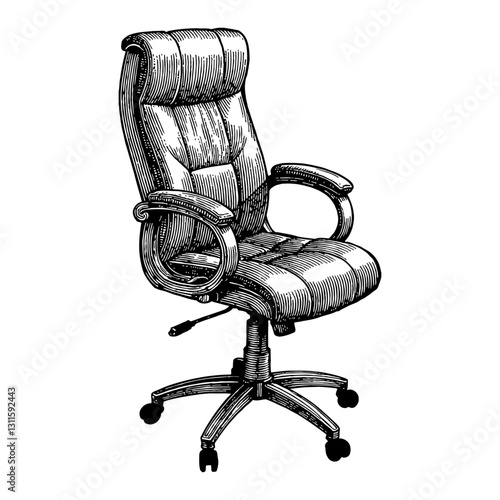 Executive Leather Office Chair Black and White Outline Line Art Drawing with Intricate Details