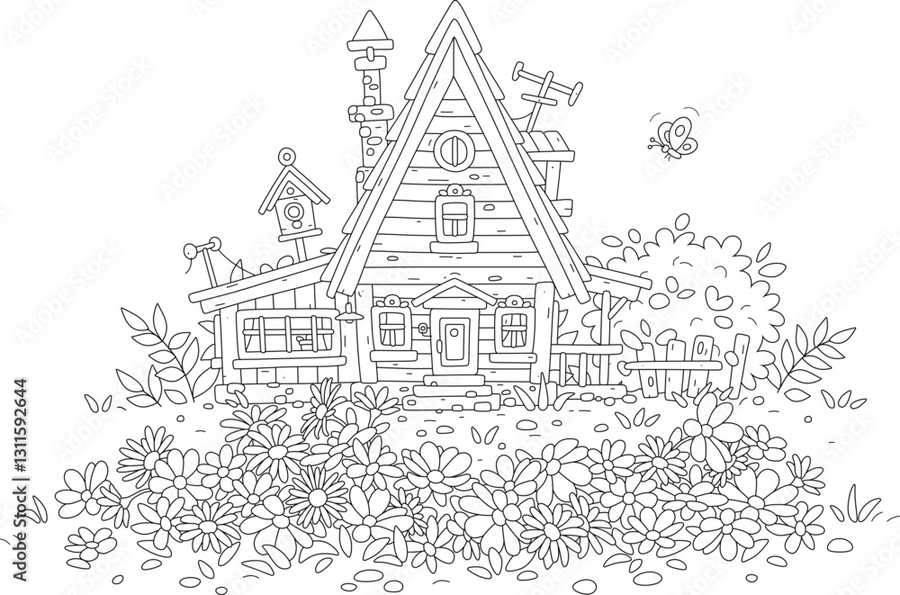 Obraz premium Beautiful flowerbed and a charming village wooden house in countryside on a sunny summer day, black and white outlined vector illustrations for a coloring book