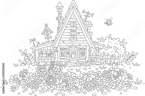 Beautiful flowerbed and a charming village wooden house in countryside on a sunny summer day, black and white outlined vector illustrations for a coloring book
