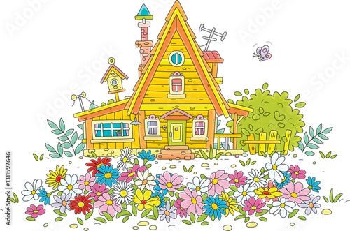 Colorful flowerbed and a charming village wooden house in countryside on a sunny summer day, vector cartoon illustration isolated on a white background